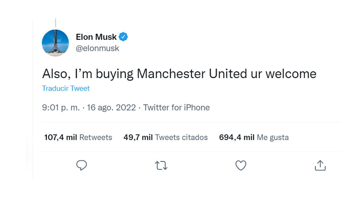 Elon Musk vuelve a sorprender, ahora quiere comprar al club Manchester United (Foto: cuenta oficial de Twitter de Elon Musk)