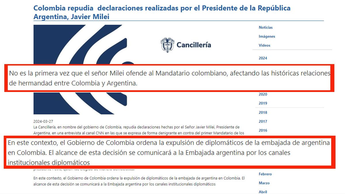 Colombia expulsó a la representación diplomática argentina en Bogotá. (Foto: Cancillería colombiana)