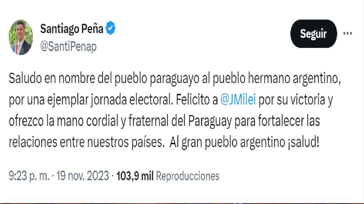 El presidente paraguayo, Sebasti&aacute;n Pe&ntilde;a, otro que se sum&oacute; a los saludos al presidente electo de la Argentina. (Foto: Cuenta de "X" de Pe&ntilde;a)