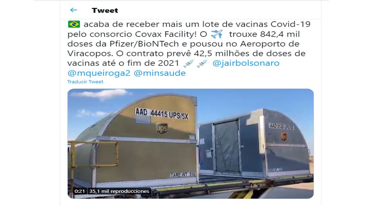 Brasil recibió 842.000 dosis de la vacuna de Pfizer como parte de la iniciativa COVAX de la OMS (Foto: cuenta de Twitter del ministerio de Salud de Brasil)