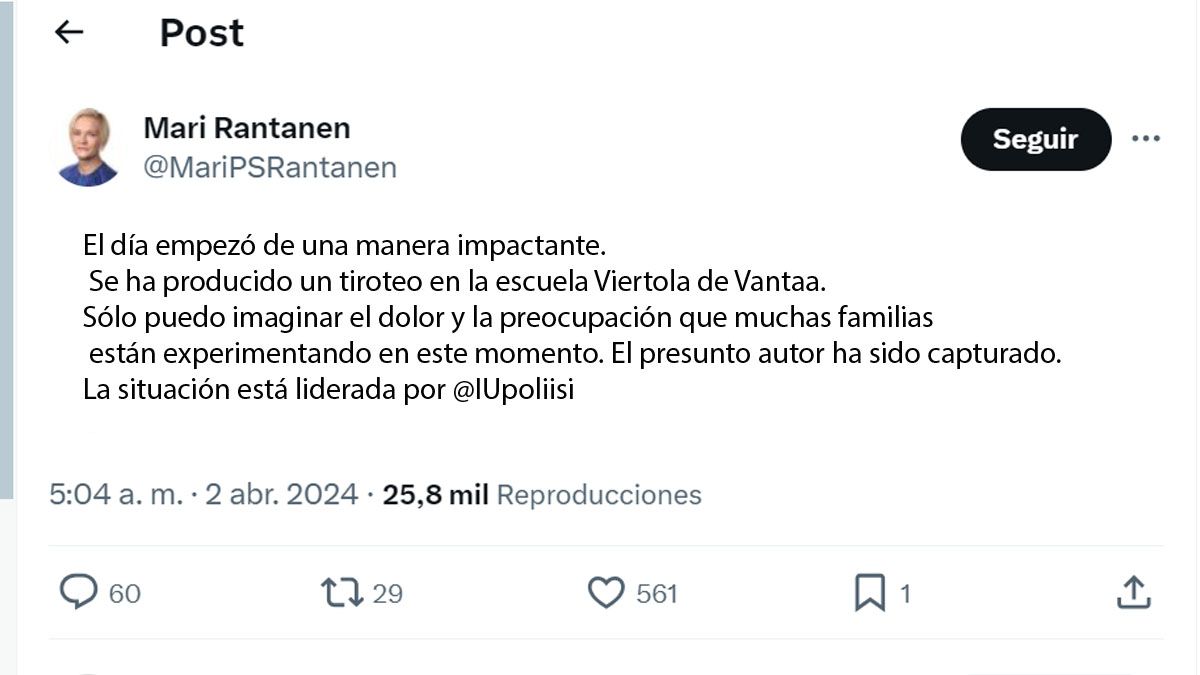 El mensaje de la ministra del interior de Finlandia luego del ataque en una escuela. (Foto: cuenta de X de Mari Rantanen)