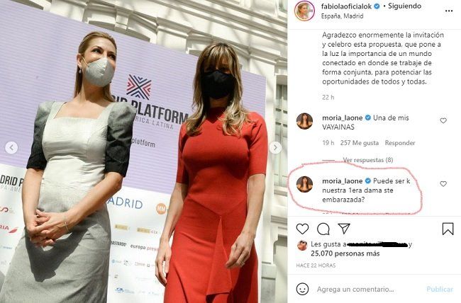 El posteo de la primera dama desde España, en la gira presidencial europea, donde la one Moria Casán reparó en el abdomen de Fabiola Yañez y le preguntó por un posible embarazo.