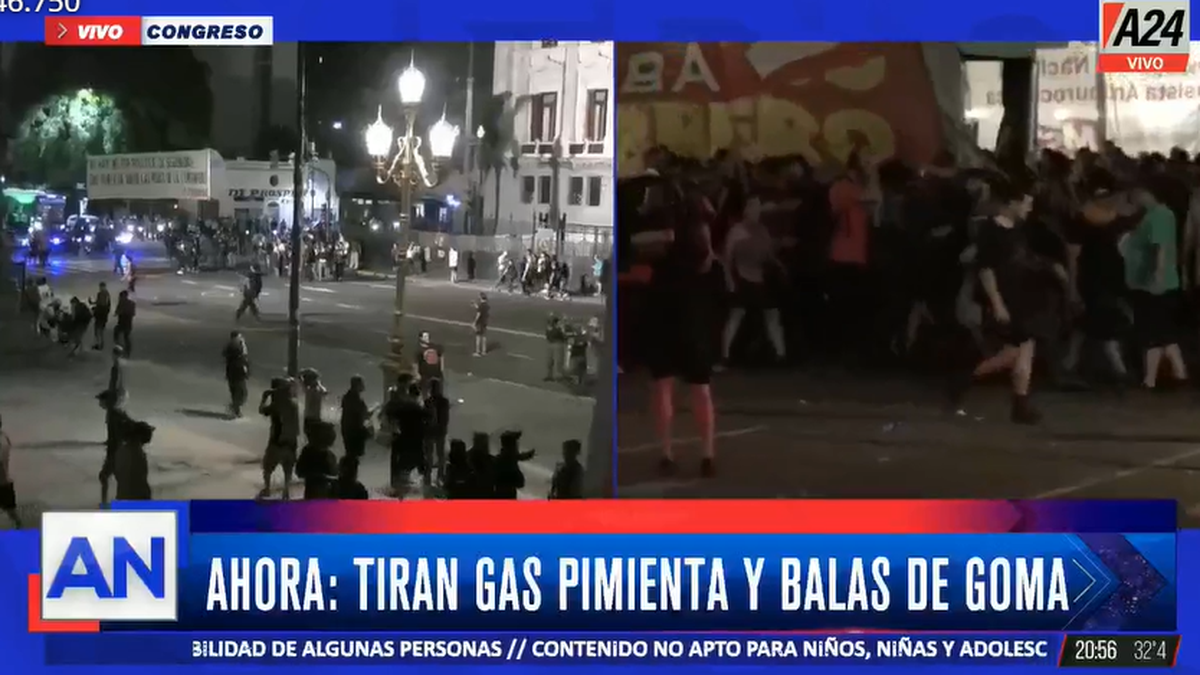Fuerte aplicación del protocolo contra los manifestantes. (Foto: captura A24)