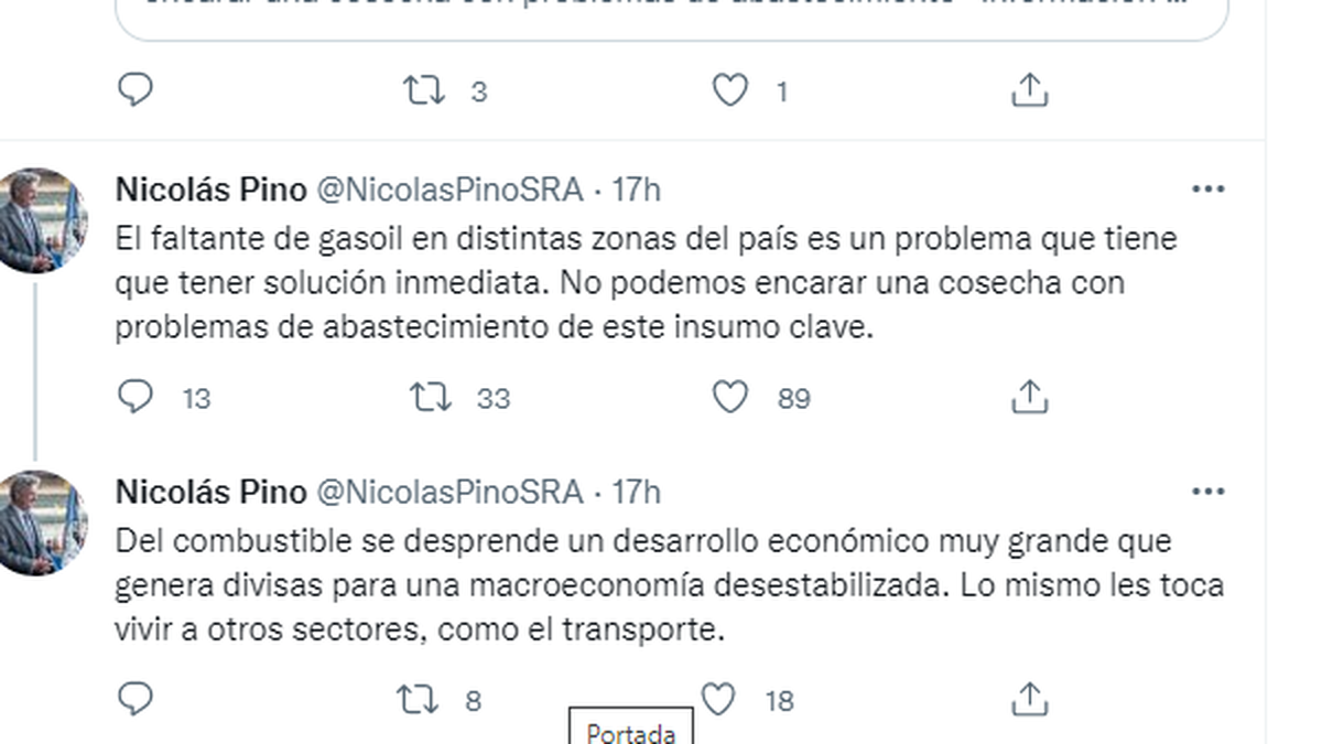 El reclamo de Nicolás Pino por el faltante de gasoil. 