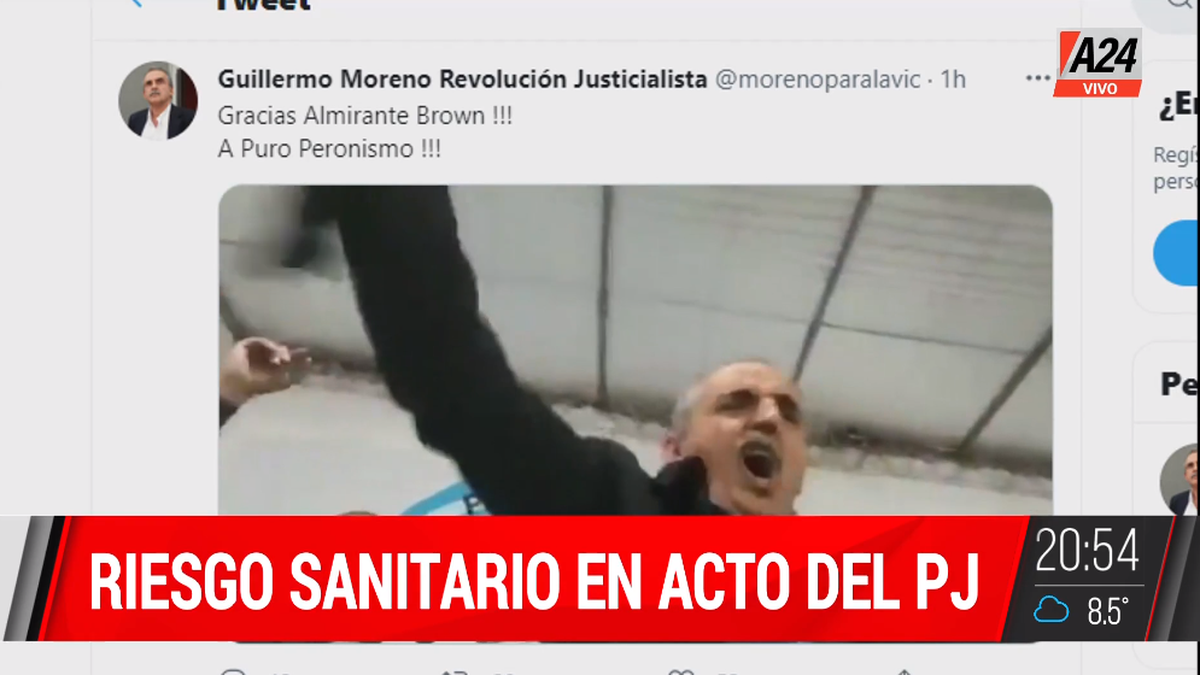 Guillermo Moreno rompió los protocolos del Covid-19 en un actor partidario en Almirante Brown (Foto: captura de televisión).