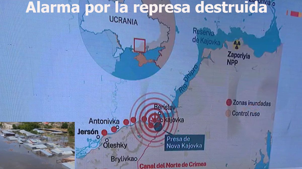 La destrucci&oacute;n de la represa sobre el r&iacute;o Dni&eacute;per provoca inmensas zonas inundadas y m&aacute;s de 1000 desaparecidos. (Foto: Captura de TV)