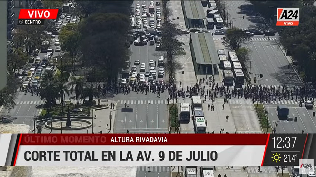 Corte total en la Avenida 9 de Julio por una protesta: no funciona el Metrobús (Foto: captura de TV A24).