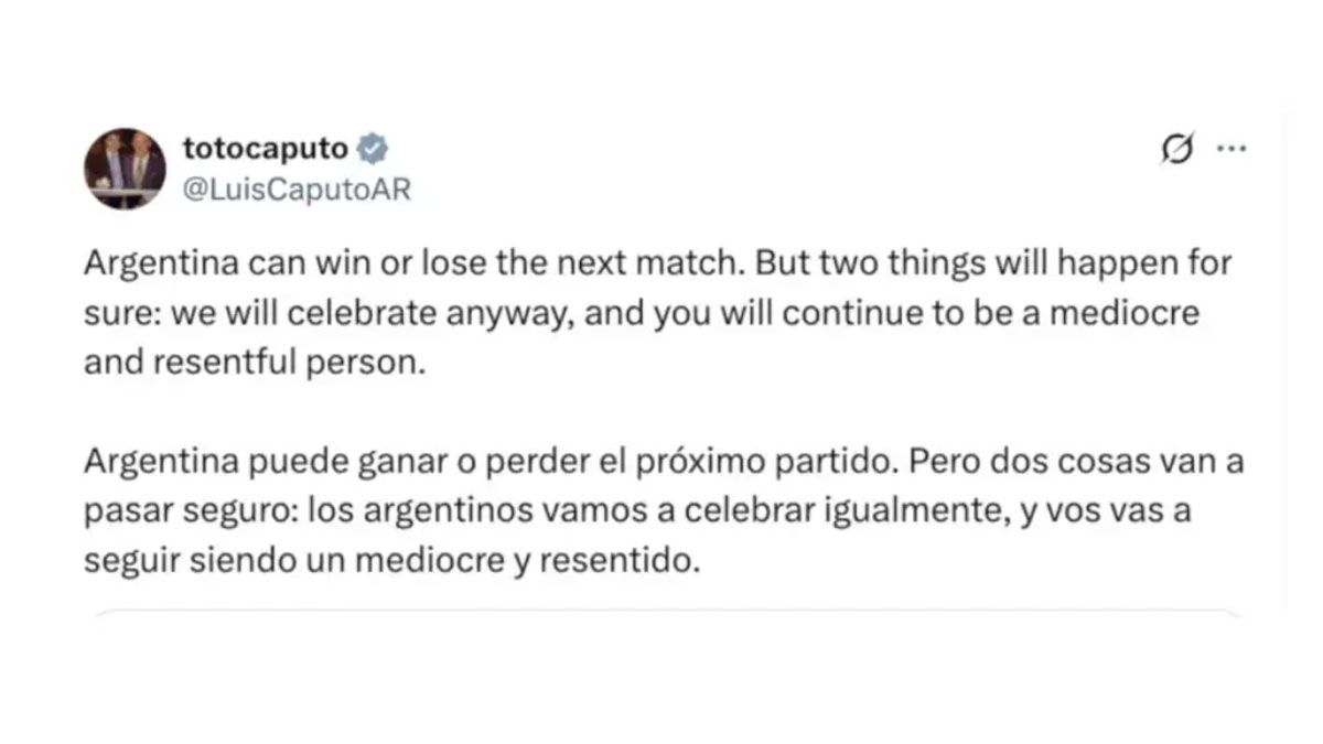 Otro mensaje anterior del ministro Caputo replicando al periodista inglés. (Foto: Cuenta de X de Caputo)