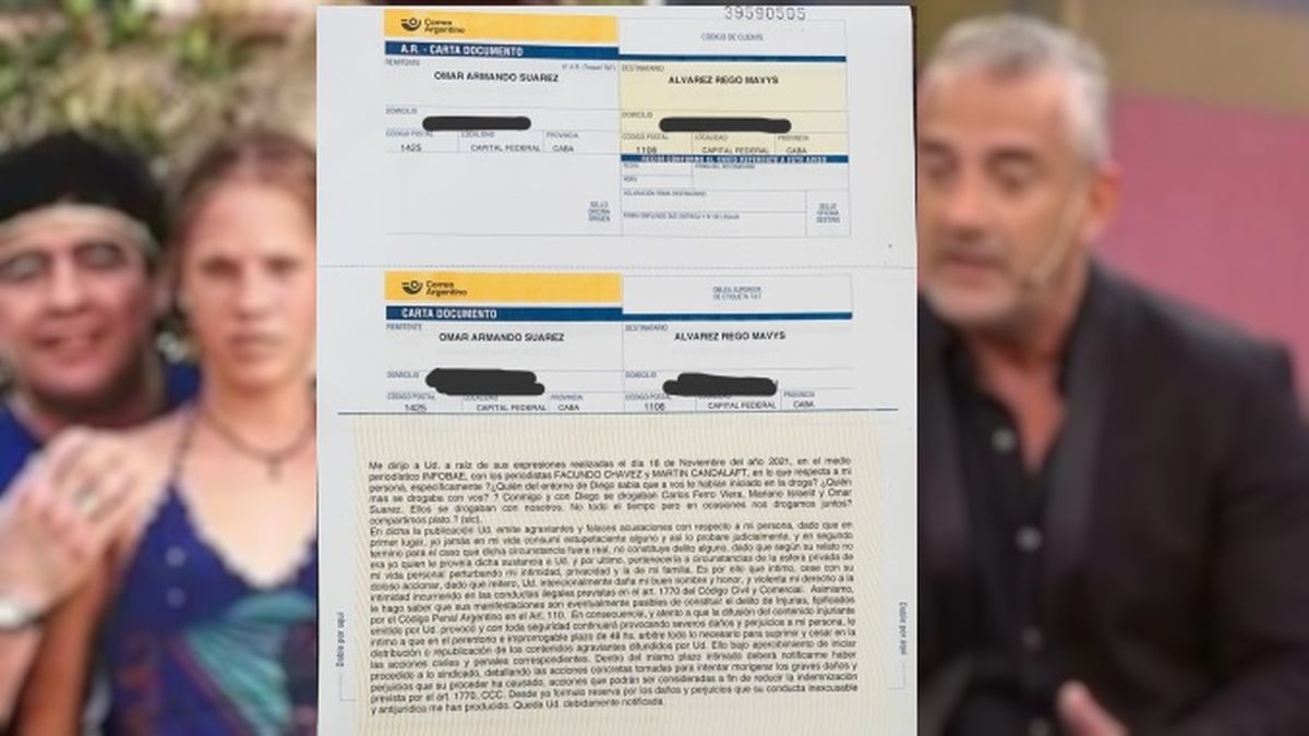 La carta documento que Omar Suárez le envió a Mavys Álvarez por sus declaraciones a Infobae asegurando que él compartía platos de droga con el y Diego Maradona en la isla de Cuba 20 años atrás. 