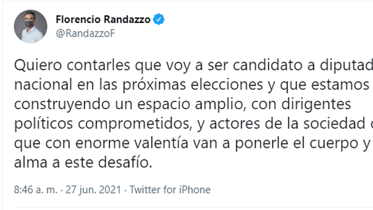 Florencio Randazzo anunció que será candidato a diputado