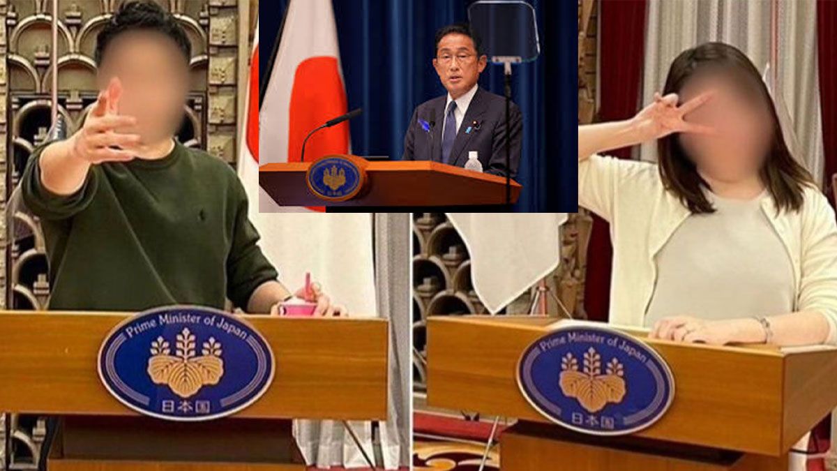 Amigos del hijo del primer ministro se sacaron fotos en el atril reservado para el jefe de Gobierno. Arriba, el PM Kishida, usando el atril en un acto oficial. (Foto: A24.com)