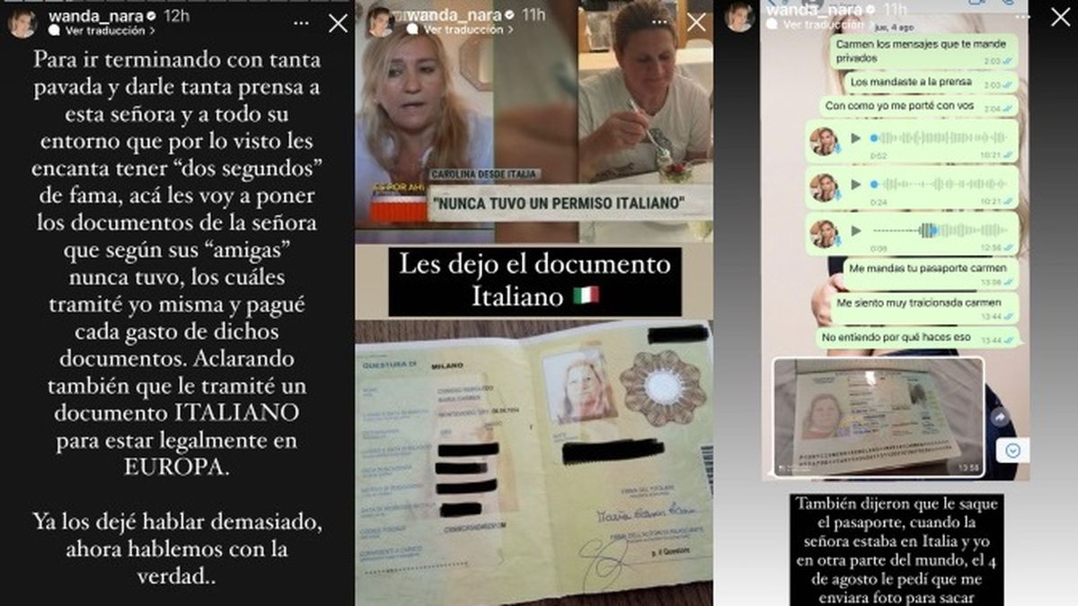 Algunas de las pruebas que mostró Wanda Nara para desmentir las declaraciones de Carmen, la ex empleada que la acusa de esclavitud. 