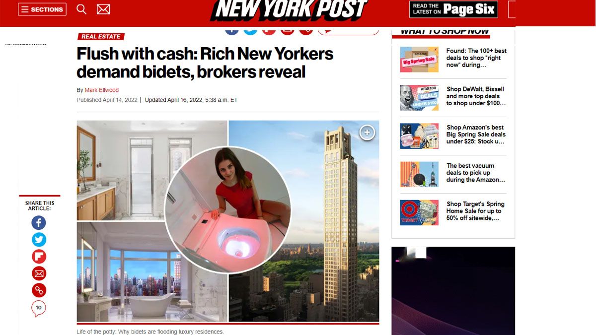 El sensacionalista New York Post, tambi&eacute;n destaca el "triunfo del bidet" en nueva York (Foto: NYPost).