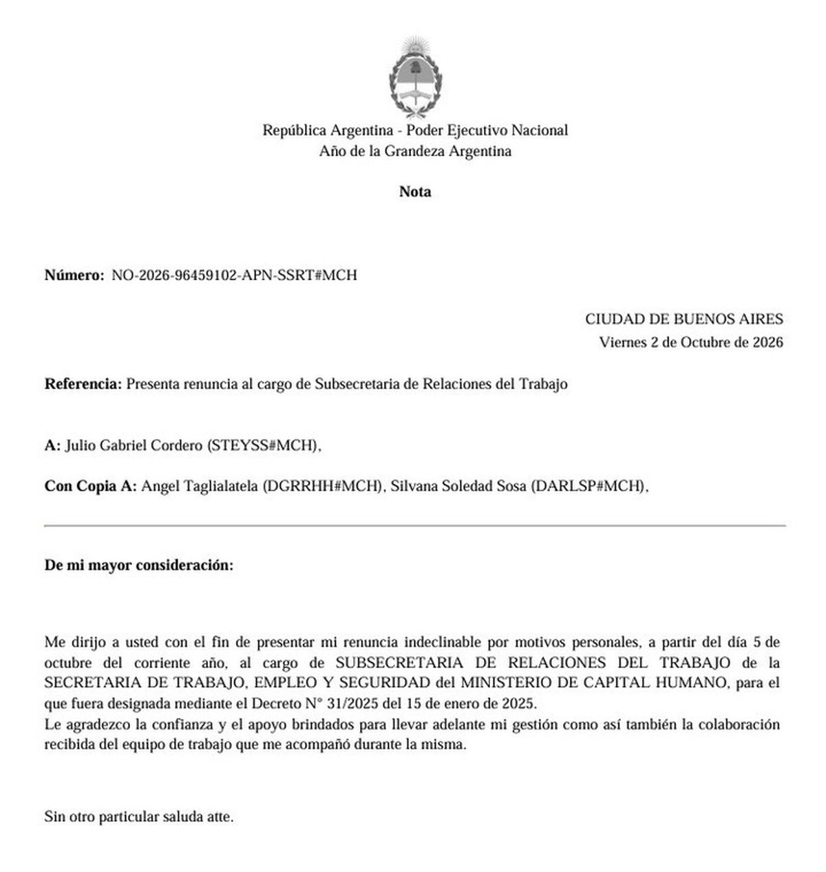 La carta de renuncia que Claudia Testa present&oacute; ante Julio Cordero. (Foto: captura)