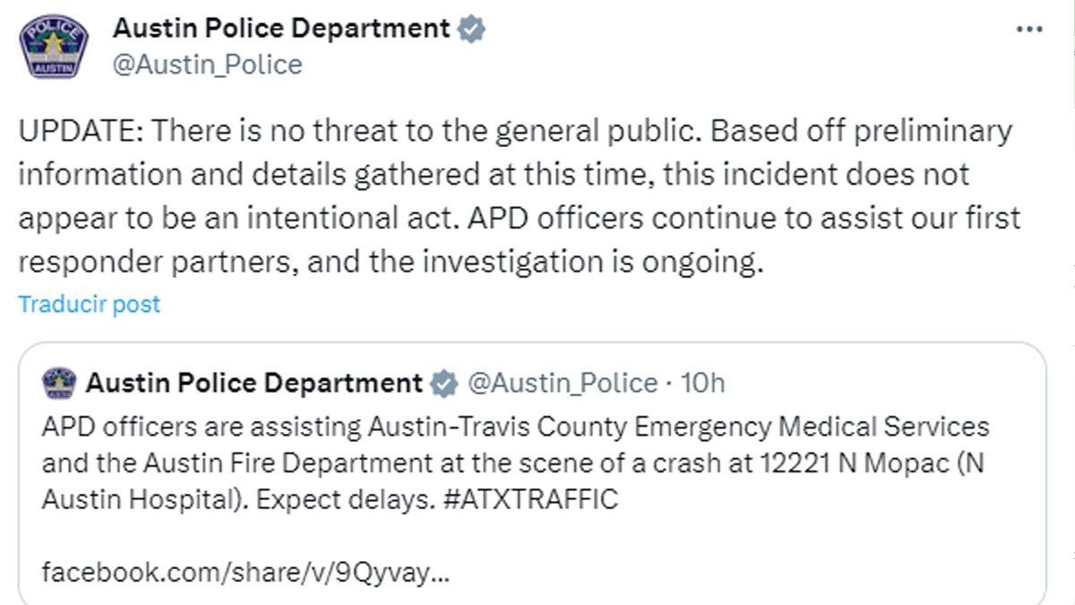 La policía de Austin dijo que el resto del hospitals seguía operativo y que por el momento no había indicaciones de un hecho intencional. (Foto: Comunicado oficial de la policía)