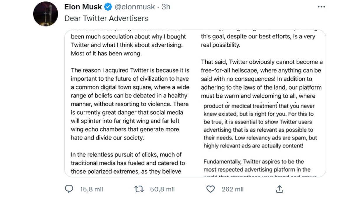 Musk confirmó la compra de Twitter con una carta pública en su propia cuenta de la red social (Foto: cuenta de Twitter de Elon Musk)
