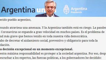 ¿Qué dice la carta de Alberto Fernández al querido pueblo argentino?
