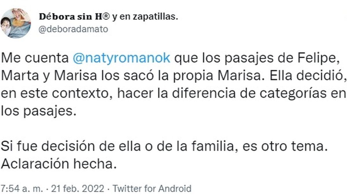 La aclaraci&oacute;n de la periodista D&eacute;bora D'Amato sobre por qu&eacute; Marisa L&oacute;pez vol&oacute; a Miami en clase turista, mientras que los mellizos Felipe y Marta Fort viajaron en primera.&nbsp;