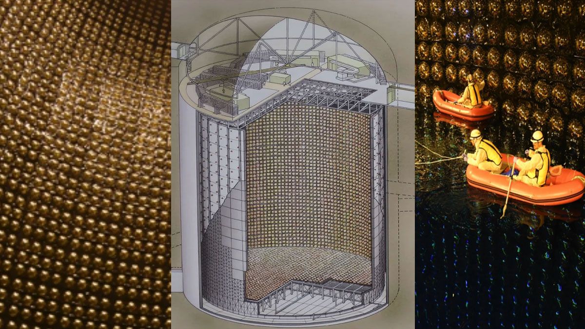 Los paneles circulares - son 13.000 - que recubren la c&aacute;mara dorada. El agua superlimpia permite que los neutrinos emitan una luz que se registra para conocer sus elementos y energ&iacute;a. (foto: A24.com)