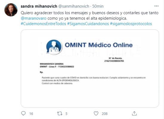 Sandra Mihanovich hab&iacute;a comunicado a trav&eacute;s twitter el potivo de coronavirus. Ahora, inform&oacute; que tiene el alta epidemiol&oacute;gica.&nbsp;
