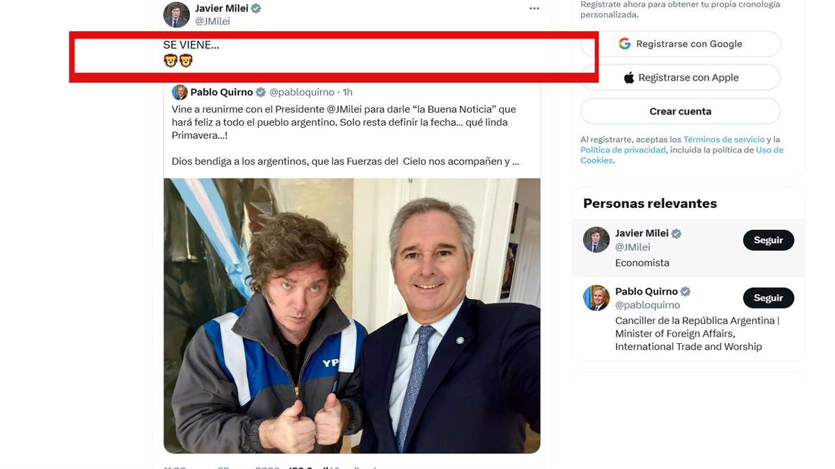 Javier Milei se suma al mensaje de su canciller. (Foto: cuenta de X de Milei)