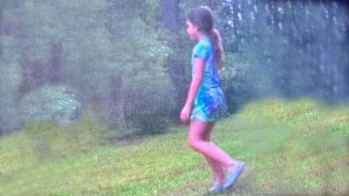 La pequeña Peyton en el parque de su casa. Detrás, el bosque en el que se internó de noche, caminando como sonámbula. (Foto: Captura de TV)