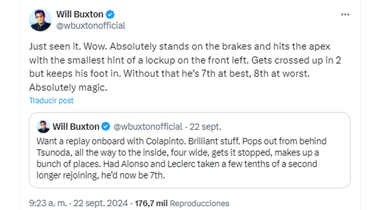 El prestigioso comentarista inglés de automovilismo, Will Buxton se desvivió en elogios por la largada de Franco Colapinto. (Foto: Cuneta de X de Buxton)