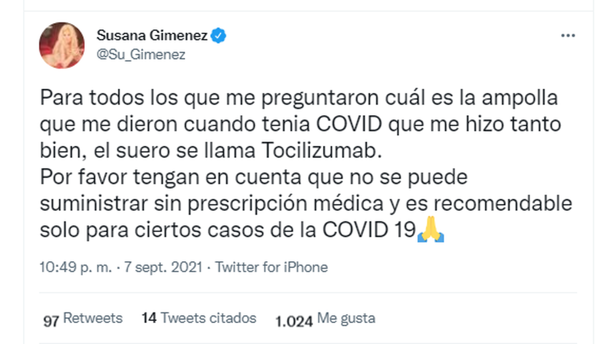 Susana Giménez anunció por redes sociales cual fue el medicamento que recibió en Uruguay para tratar el Coronavirus