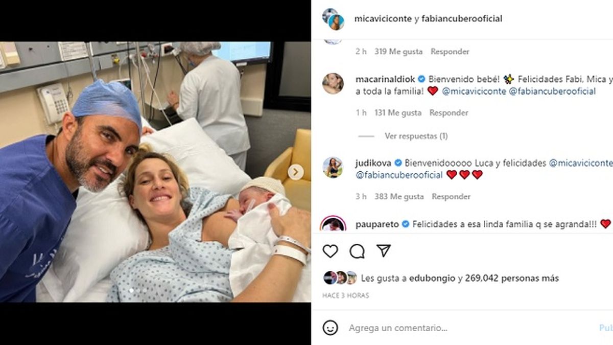 Algunos de los tantos saludos que Mica Viciconte y Fabi&aacute;n Cubero recibieron en la redes tras el nacimiento de Luca.&nbsp;