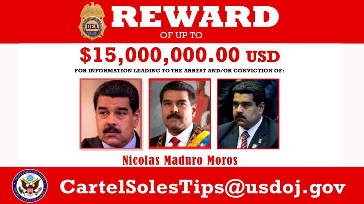 La DEA y el Departamento de Jusiticia de EE.UU. ofrecen una recompensa de US$15 millones por Nicolás Maduro. Se le ofrece una amnistía a cambio de que abandone el poder en Venezuela. (Foto: DEA/DOJ de EE.UU.)