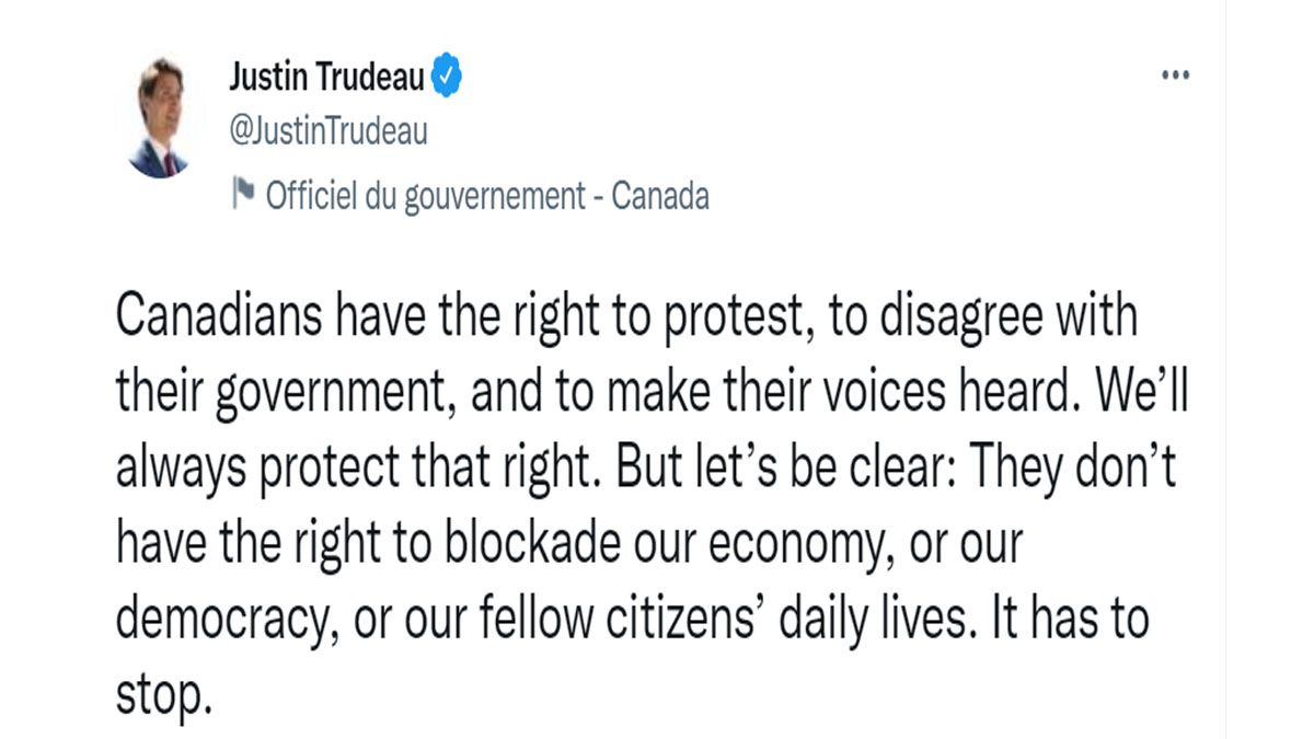 El primer ministro intimó a los camioneros a cesar con esta forma de protesta, pero no consigue resultados positivos (Foto: Cuenta de Twitter del primer ministro Trudeau)