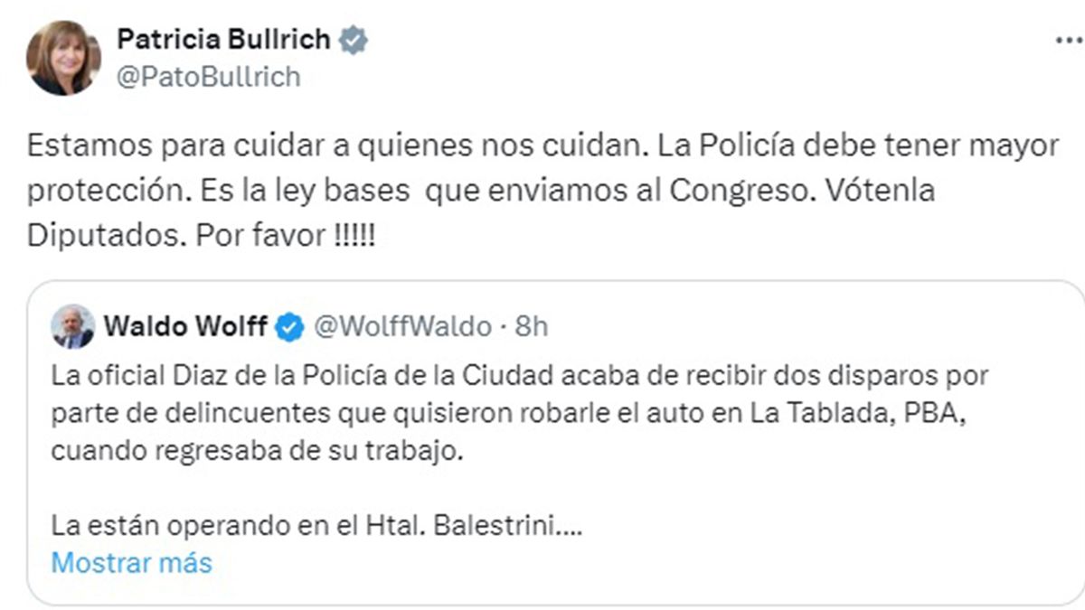 El mensaje de la ministra de Seguridad Patricia Bullrich por la policía porteña baleada por motochorros. (Foto: red social 