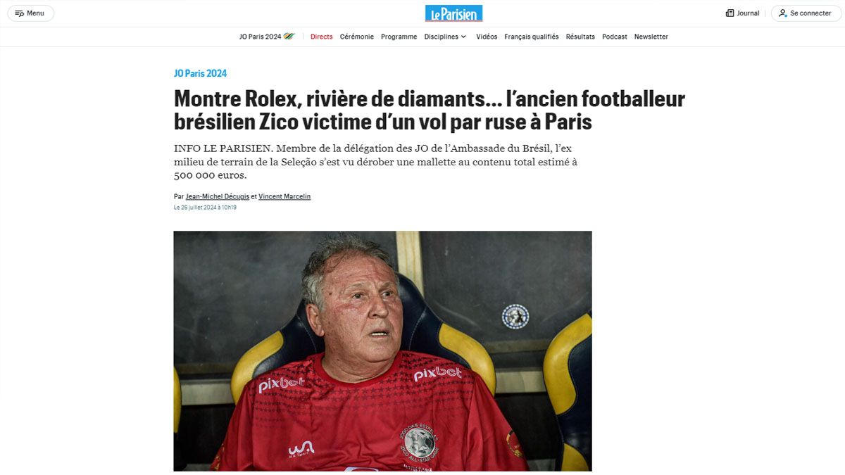 El medio local "Le Parisien" inform&oacute; el grave robo que sufri&oacute; Zico, la estrella del f&uacute;tbol brasile&ntilde;o (Foto: Le Parisien).