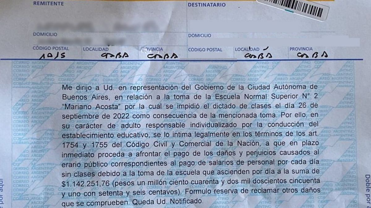 La carta documento que se envió a los padres de los estudiantes que participaron de la toma de escuelas (Foto: Captura).