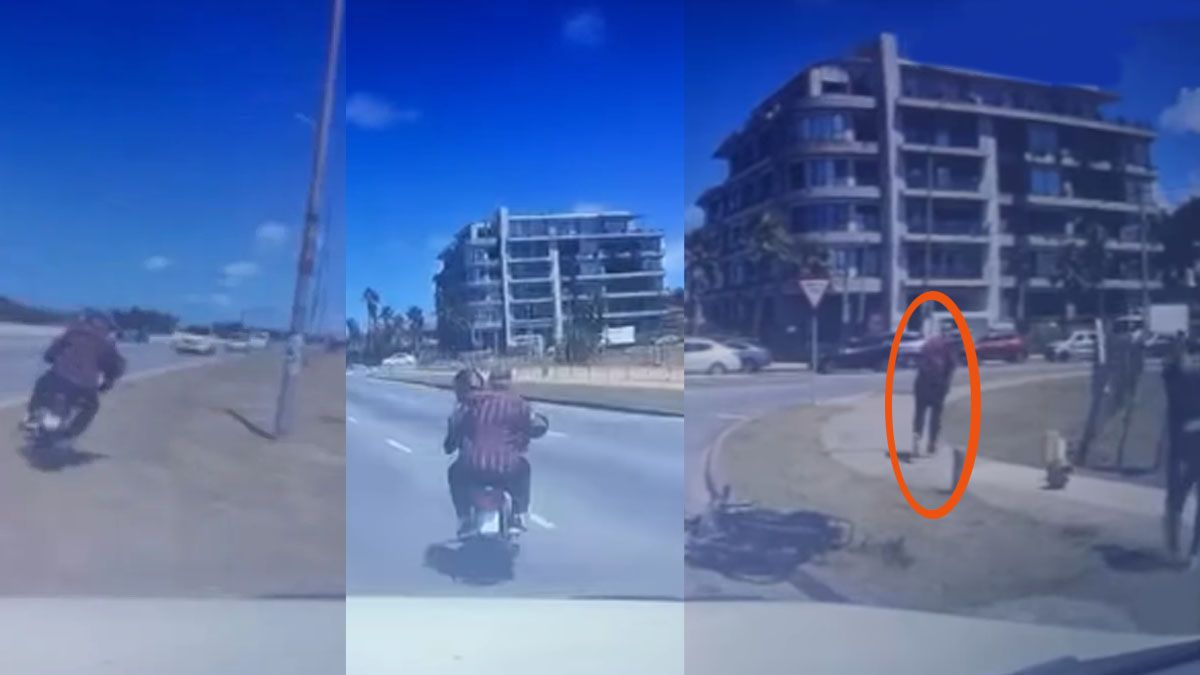 Uno de los motochorros, al caer embestido por la camioneta, rod&oacute; varios metros en el suelo y luego huyo corriendo del lugar. Su c&oacute;mplice est&aacute; detenido. (Foto: Captura de TV)