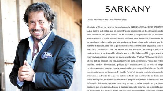 Ricky Sarkany le envió una carta documento a Edenor y calificó el episodio de mensaje difamatorio