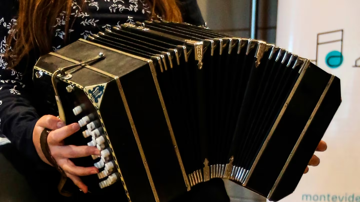 Primer plano de un bandoneón abierto