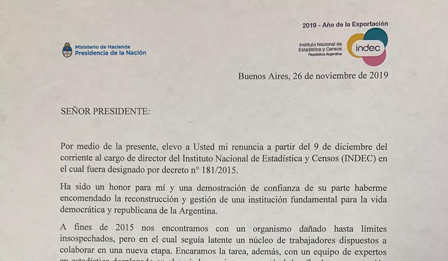 Todesca publicó en su cuenta de twitter la renuncia al Indec a partir del 9 de diciembre