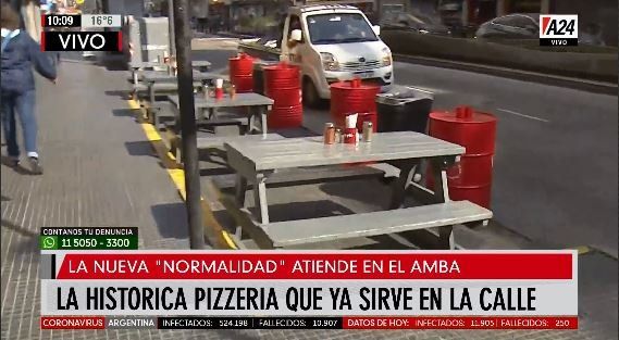 La famosa pizzería Güerrín volvió a atender con mesas en la calle