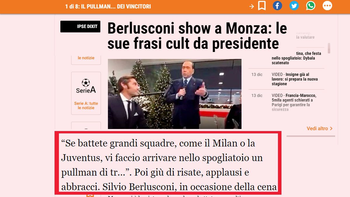 Silvio Berlusconi prometió un micro con prostitutas al plantel de su club  si superan a los grandes de Italia