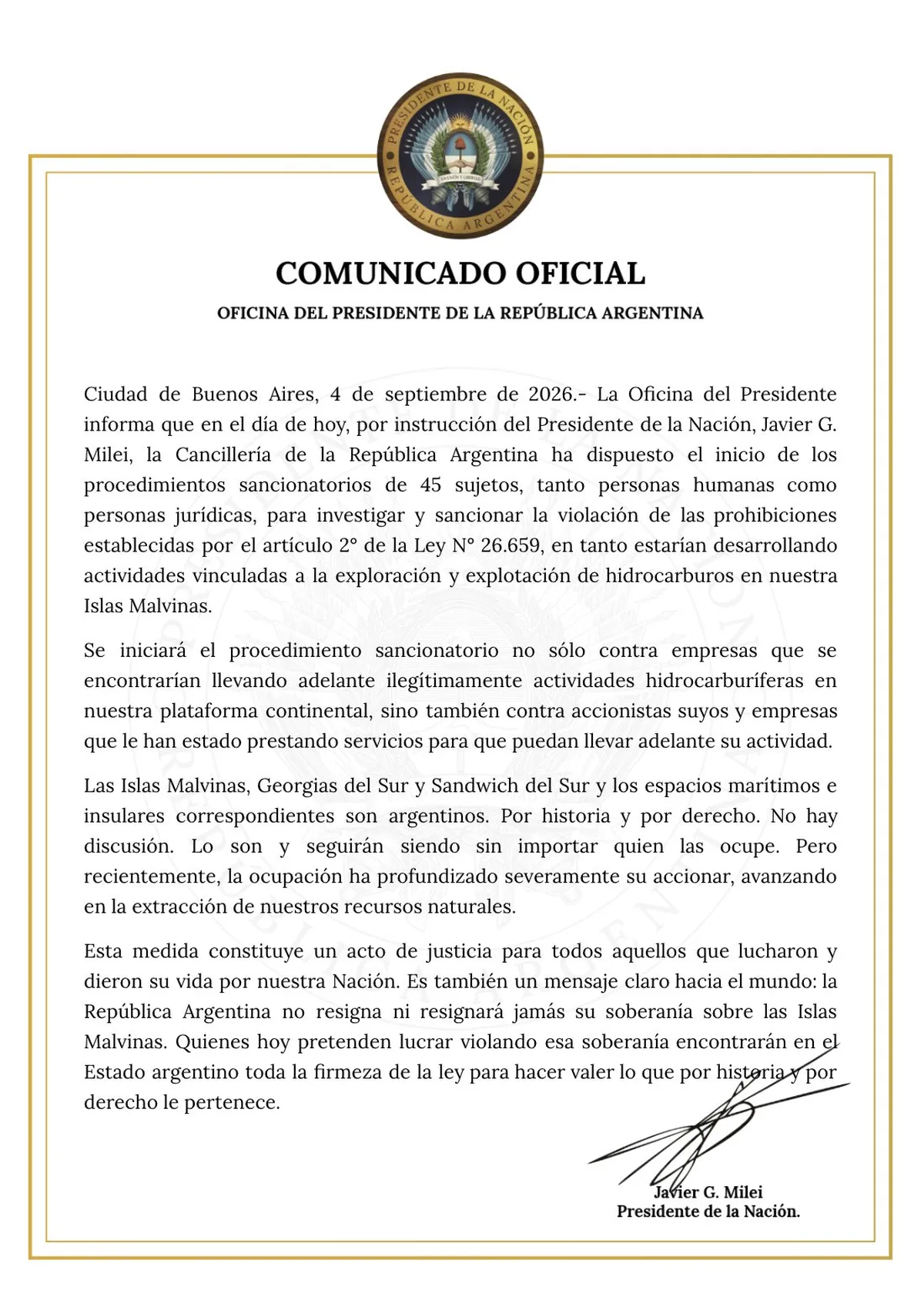 El comunicado de la Oficina del Presidente. (Foto: archivo).