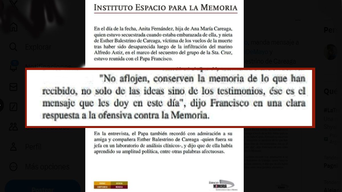 El mensaje transcripto de Francisco a Ana María Careaga, hija de Esther Ballestrino, una de las fundadoras de las madres de Plaza de Mayo (Foto: cuenta oficial de Instituto espacio para la Memoria).