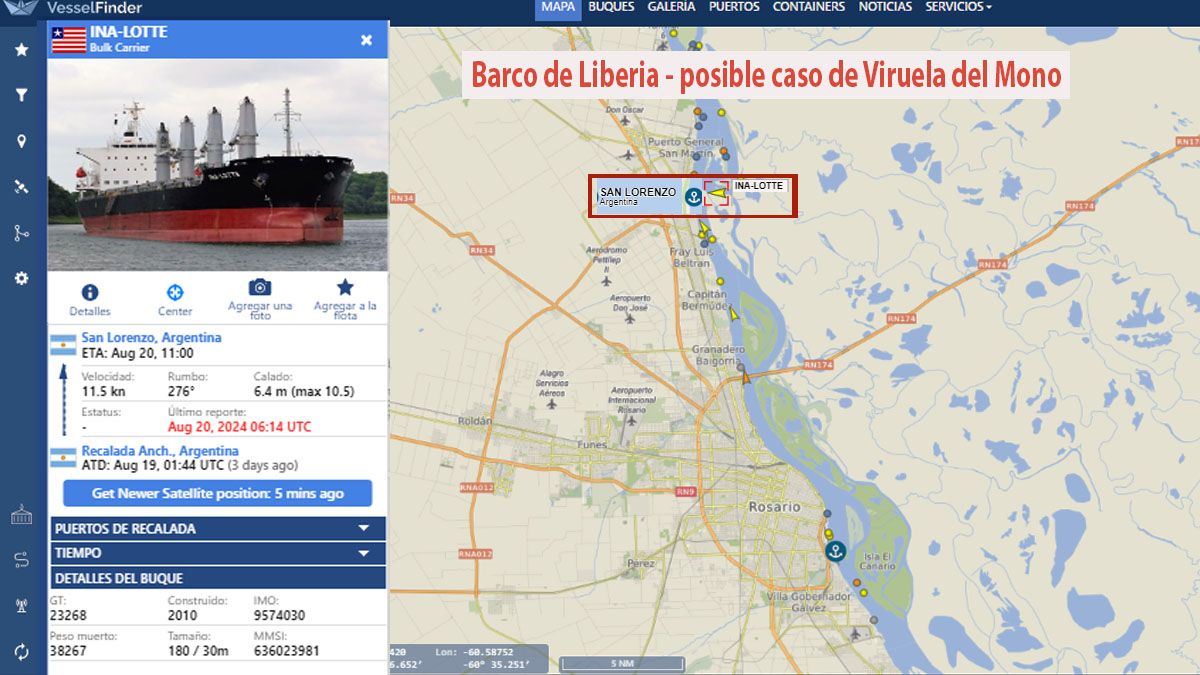 El localizador mundial que sigue los desplazamientos de los barcos, como los aviones, ubica al INA-LOTTE, en el r&iacute;o Paran&aacute;, a la altura de San Lorenzo. (Foto: Vesselfinder)