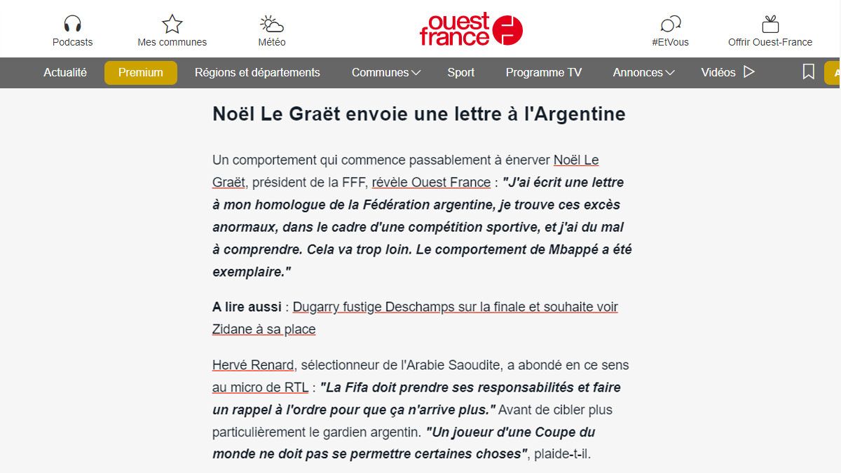 la queja formal del presidente de la FFF anticipada en la prensa gala. (Foto: Ouest France)