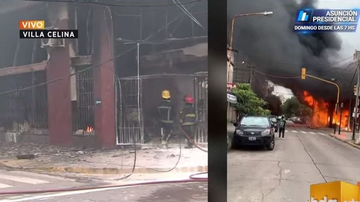 Cuatro dotaciones de Bomberos asistieron para apagar el fuego en la pinturería de Villa Celina (Foto: captura A24).