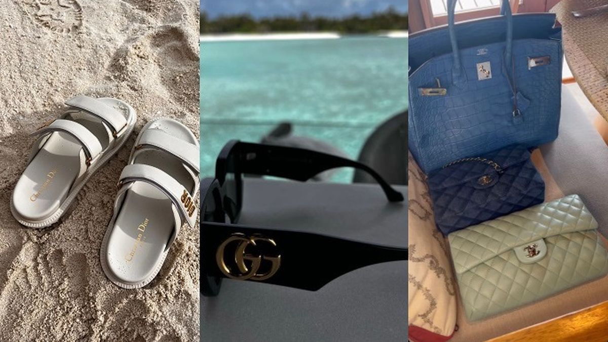 Las sandalias Dios, anteojos de sol Gucci y carteras Chanel que luci&oacute; Wanda Nara por estas horas en las islas Maldivas.&nbsp;