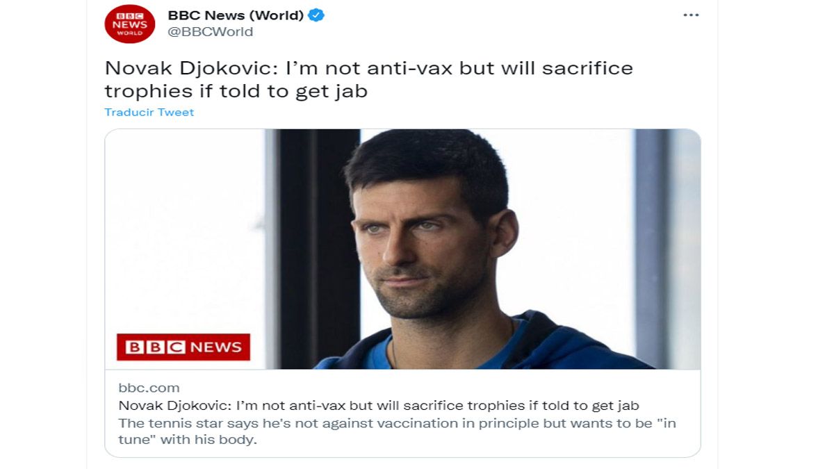 Nole Djokovic, habló con la BBC y mantuvo su postura contraria a la vacunación (Foto: Cuenta de tuit de BBC)