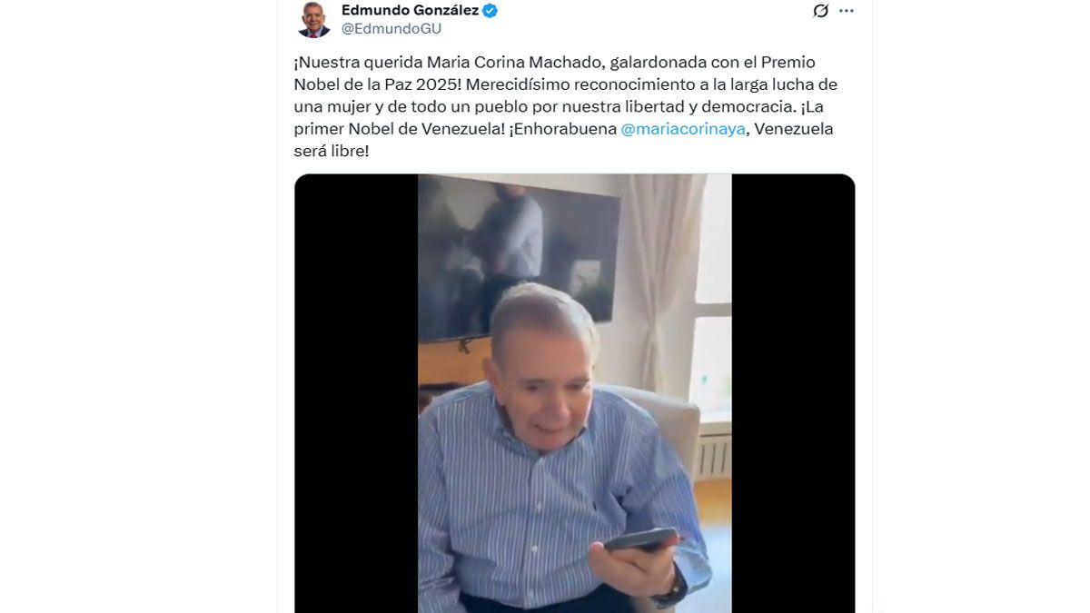 Gonz&aacute;lez Urrutia, celebr&oacute; el galard&oacute;n de Corina Machado. (Cuenta de X de Urrutia)