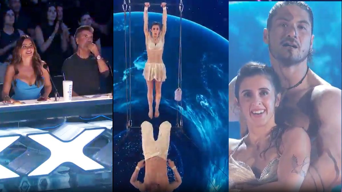 Sofía Vergara y el exigente,Simon Powell, cautivados por la magia de Micaela en el trapecio a 6 metros de Altura. (Foto: A24.com)