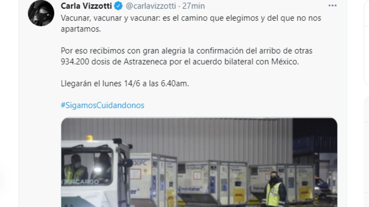 El tuit de la ministra de Salud, Carla Vizzotti, sobre la llegada de más vacunas de AstraZeneca.